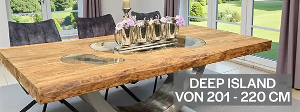 Massiver Esstisch Deep Island in 201 bis 220 cm Länge aus recyceltem Teakholz. Handgefertigt, vollmassive 10 cm Platte, verschiedene Gestelle, schnelle Lieferung. Jetzt bei tischonkel.de entdecken.